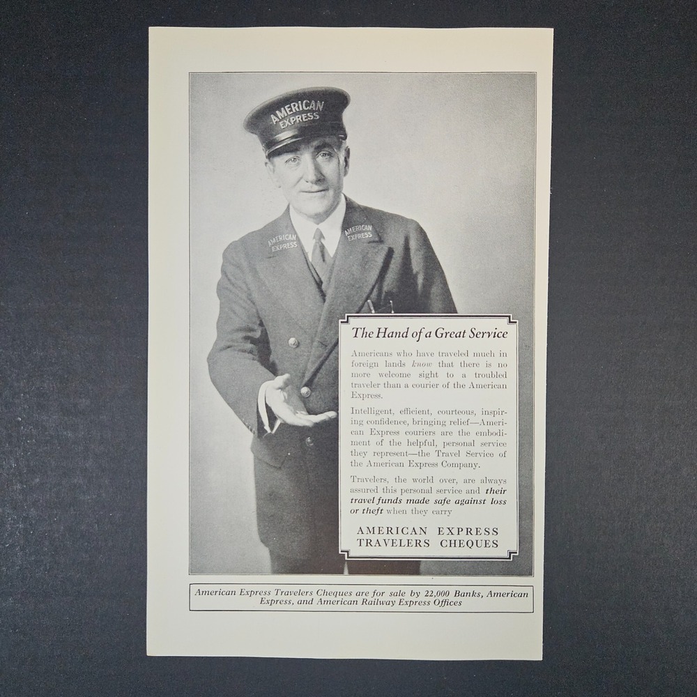 1927 American Express Travelers Cheques Vintage Print Ad Courier Bellhop Doorman